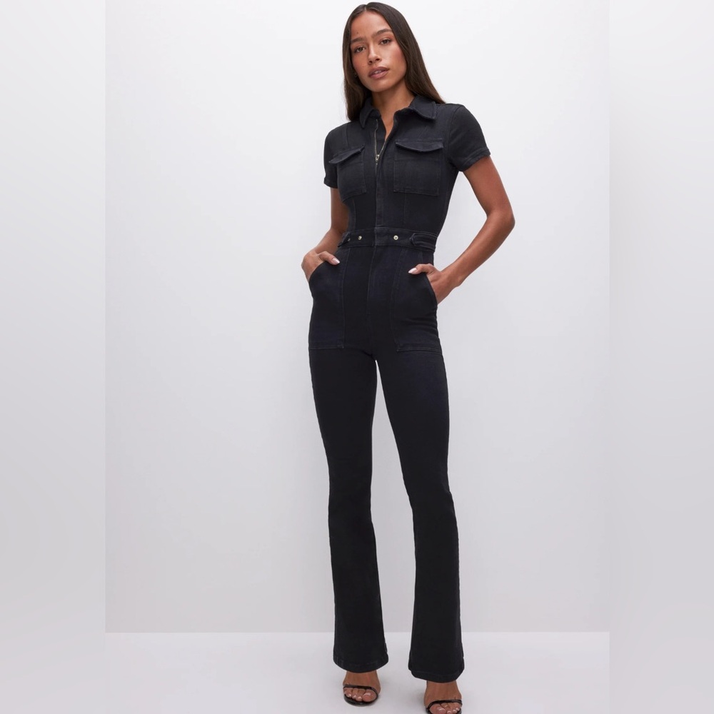 Good American Fit for Success Bootcut Jumpsuit, Black Denim, Size 1 / US S